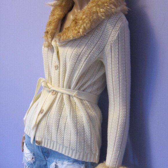 Vintage 70s ELAN FAUX FUR COLLAR CUFFS Knit WRAP SWEATER COAT - Picture 7 of 10